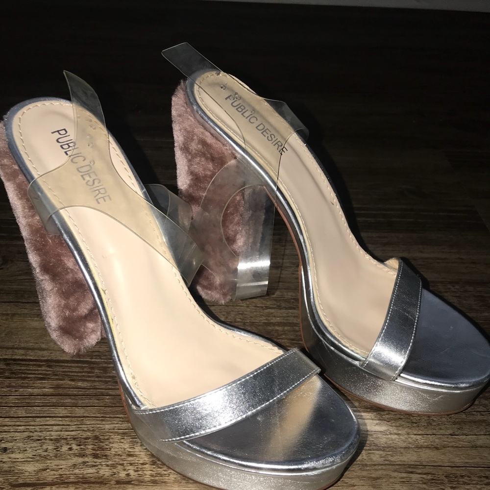 Metallic silver pink fur platforms
